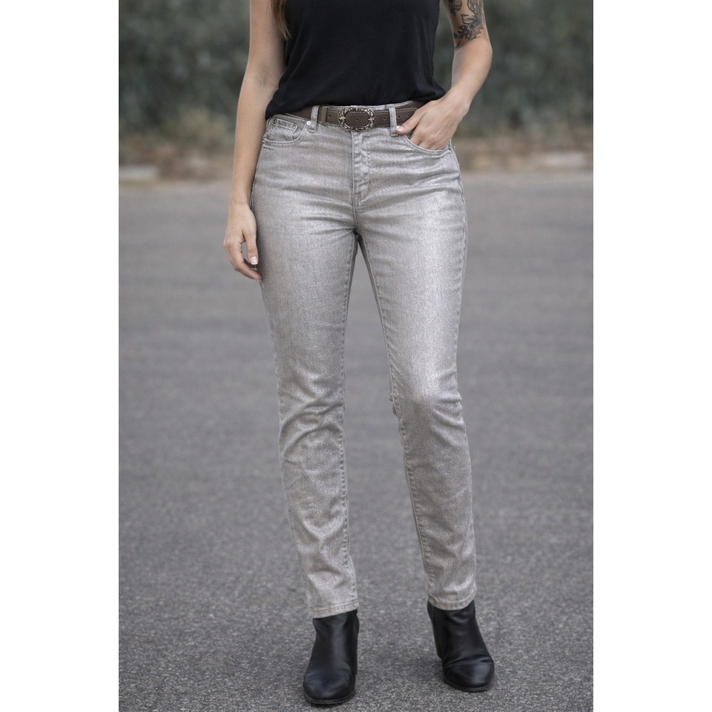 Chicos Platinum Metallic Silver Slim Leg Jeans Womens Size 1 Stretch Shimmer